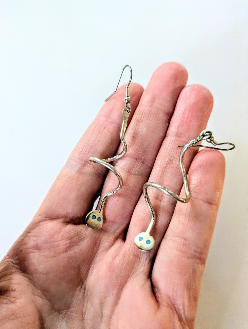 EFFIE C. ZUNI Sterling Silver Sleeping Beauty Spiral Turquoise Snake Earrings